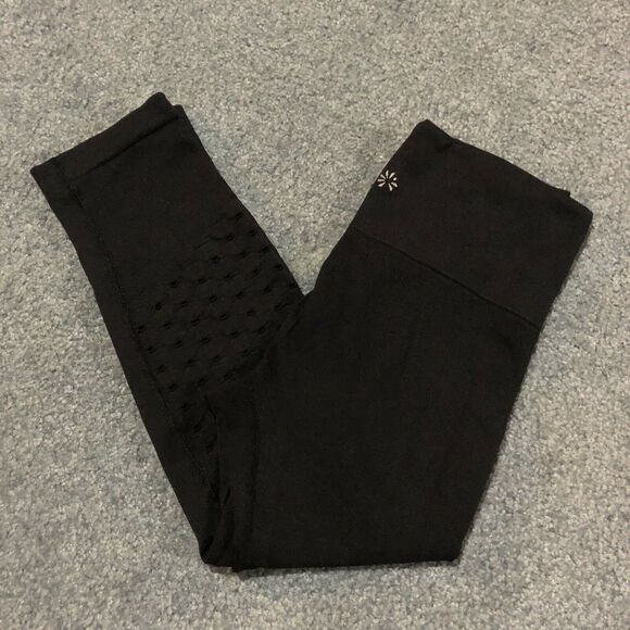Athleta Cropped Leggings XS Black Mesh Panels Pocket Wide High Waist - Picture 8 of 8